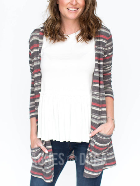 Agnes & Dora™ Essential Cardigan Black and Burgundy Stripe