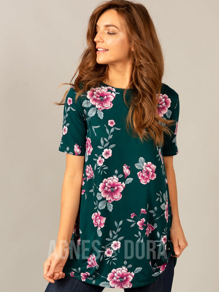 Agnes & Dora™ Side Knot Tunic Half Sleeve Emerald/Mauve Floral