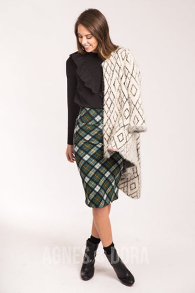 Agnes & Dora™ Plaid Twist Emerald and Gold Pencil Skirt