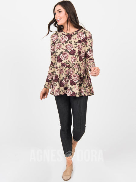 Agnes & Dora™ Relaxed Ruffle Tee Long Sleeve Taupe Floral