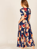 Agnes & Dora™ Essential Maxi Dress Navy/Burgundy/Taupe Floral