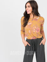 Agnes & Dora™ Fitted Tee 3/4 Sleeve Mustard Floral