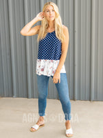 Agnes & Dora™ Relaxed Ruffle Tank Navy Ivory Dot/Ivory Blush Floral