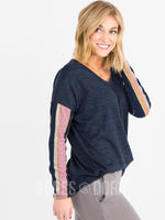 Agnes & Dora™ Urban Pullover V-Neck Dark Navy with Navy/Rose Stripe