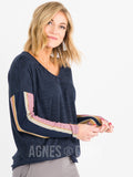 Agnes & Dora™ Urban Pullover V-Neck Dark Navy with Navy/Rose Stripe