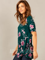 Agnes & Dora™ Side Knot Tunic Half Sleeve Emerald/Mauve Floral