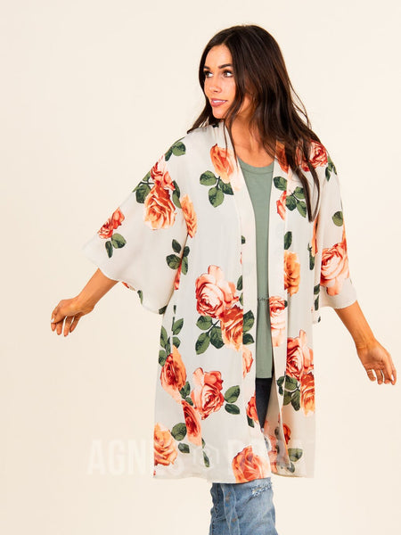 Agnes & Dora™ Kimono Ivory/Almond Floral