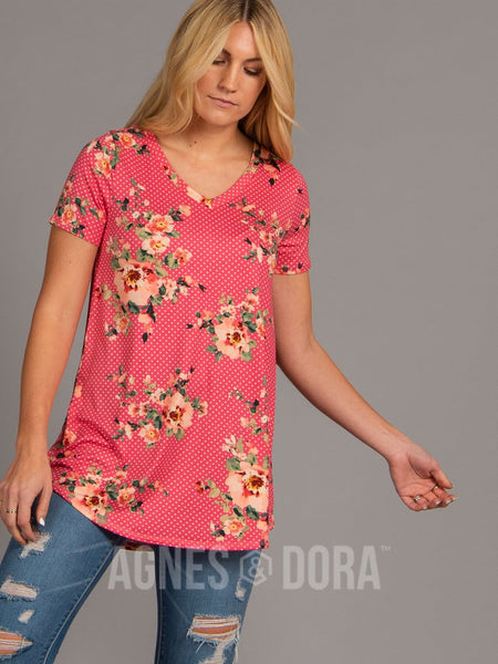 Agnes & Dora™ Everyday Tee V-Neck Pink Floral/Dots