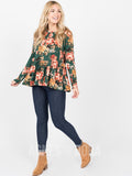 Agnes & Dora™ Relaxed Ruffle Tee Long Sleeve Hunter/Coral Floral