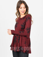 Agnes & Dora™ Relaxed Ruffle Tee Long Sleeve Red (Houndstooth Floral)