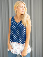 Agnes & Dora™ Relaxed Ruffle Tank Navy Ivory Dot/Ivory Blush Floral