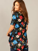 Agnes & Dora™ Side Knot Tunic Half Sleeve Black/Red/Blue Floral