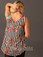 Agnes & Dora™ Essential Tank Double V-Neck Black/White/Coral Stripe Floral