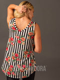 Agnes & Dora™ Essential Tank Double V-Neck Black/White/Coral Stripe Floral