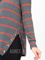 Agnes & Dora™ Side Button Sweater Charcoal Rust Stripe