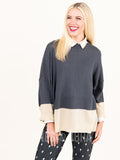 Agnes & Dora™ Boxy Sweater 3/4 Sleeve Gray and Beige