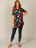 Agnes & Dora™ Side Knot Tunic Half Sleeve Black/Red/Blue Floral