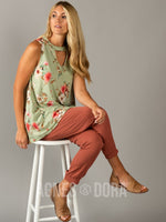 Agnes & Dora™ Swing Tee Cut out Neckline Sage/Coral Floral