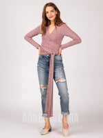 Agnes & Dora™ Long Sleeve Wrap Top Burgundy and Off White