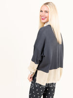 Agnes & Dora™ Boxy Sweater 3/4 Sleeve Gray and Beige