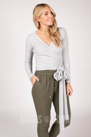 Agnes & Dora™ Long Sleeve Wrap Top Light Grey and Off White