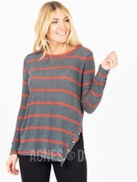 Agnes & Dora™ Side Button Sweater Charcoal Rust Stripe