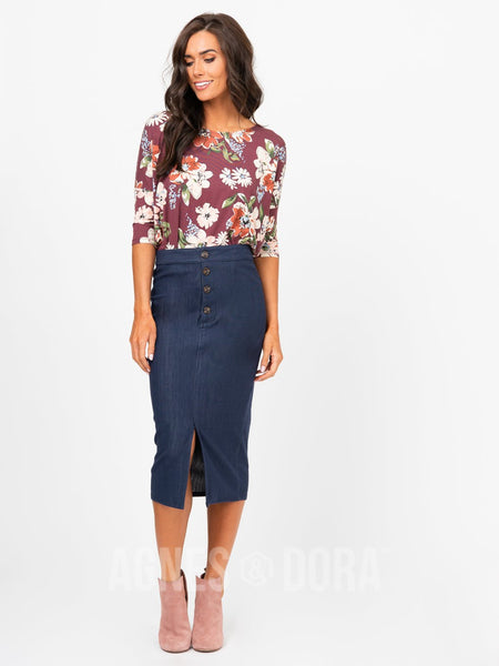 Agnes & Dora™ Button Pencil Skirt Dark Denim