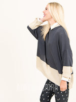 Agnes & Dora™ Boxy Sweater 3/4 Sleeve Gray and Beige