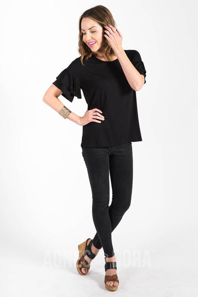 Agnes & Dora™ Frill Sleeve Top Black Solid