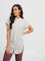 Agnes & Dora™ Button Down Cuff Sleeve Faded Navy Stripe