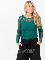 Agnes & Dora™ Fitted Tee Long Sleeve Lace Crew Neck Emerald