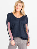 Agnes & Dora™ Urban Pullover V-Neck Dark Navy with Navy/Rose Stripe