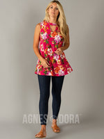 Agnes & Dora™ Swing Tee Cut out Neckline Fuchsia Watercolor Floral