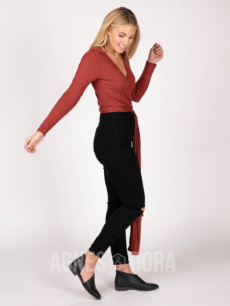 Agnes & Dora™ Long Sleeve Wrap Top Ribbed Marsala