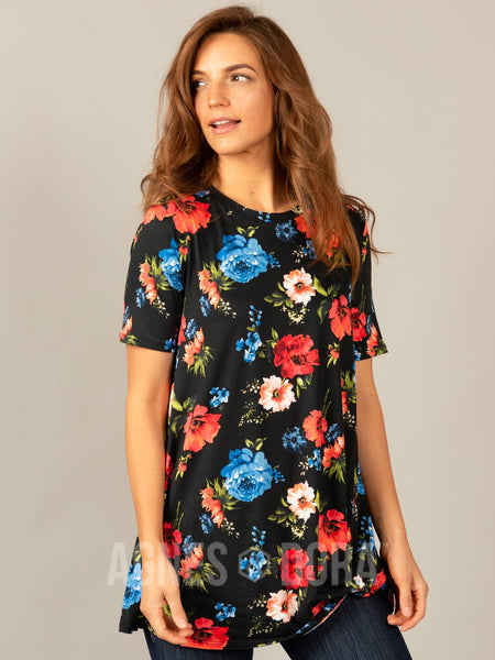 Agnes & Dora™ Side Knot Tunic Half Sleeve Black/Red/Blue Floral