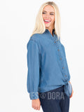 Agnes & Dora™ Button Down Tie Front Long Sleeve Medium Wash Tencel