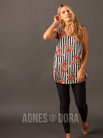 Agnes & Dora™ Essential Tank Double V-Neck Black/White/Coral Stripe Floral