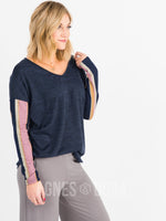 Agnes & Dora™ Urban Pullover V-Neck Dark Navy with Navy/Rose Stripe