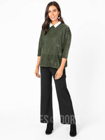 Agnes & Dora™ 3/4 Sleeve Boxy Pullover Olive Black Burnout