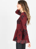 Agnes & Dora™ Relaxed Ruffle Tee Long Sleeve Red (Houndstooth Floral)