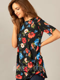 Agnes & Dora™ Side Knot Tunic Half Sleeve Black/Red/Blue Floral