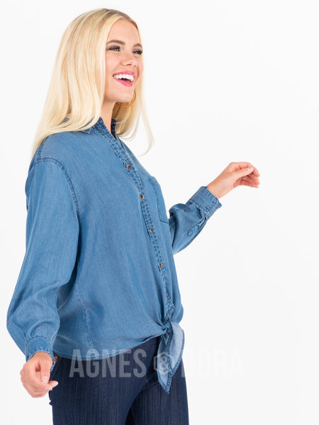 Agnes & Dora™ Button Down Tie Front Long Sleeve Medium Wash Tencel