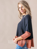 Agnes & Dora™ Boxy Sweater 3/4 Sleeve Black and Sienna