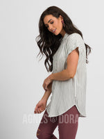 Agnes & Dora™ Button Down Cuff Sleeve Faded Navy Stripe