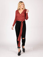 Agnes & Dora™ Long Sleeve Wrap Top Ribbed Marsala