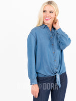 Agnes & Dora™ Button Down Tie Front Long Sleeve Medium Wash Tencel