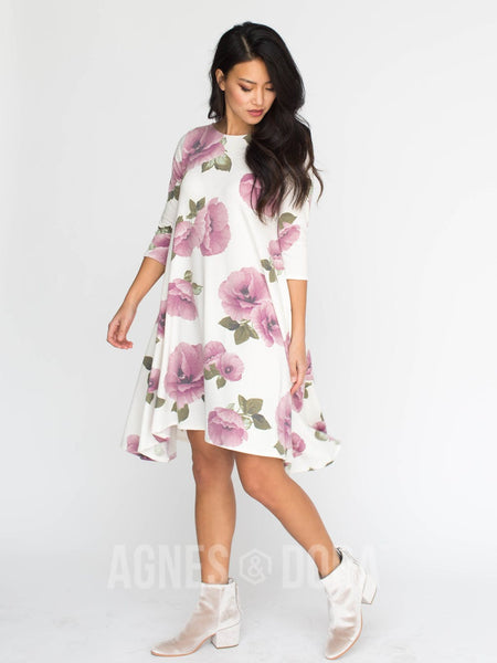 Agnes & Dora™ Sway Dress 3/4 Sleeve French Terry Ivory Mauve Floral