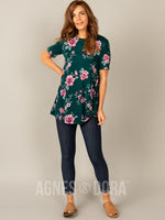 Agnes & Dora™ Side Knot Tunic Half Sleeve Emerald/Mauve Floral