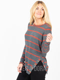 Agnes & Dora™ Side Button Sweater Charcoal Rust Stripe