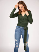 Agnes & Dora™ Long Sleeve Wrap Top Ribbed Olive